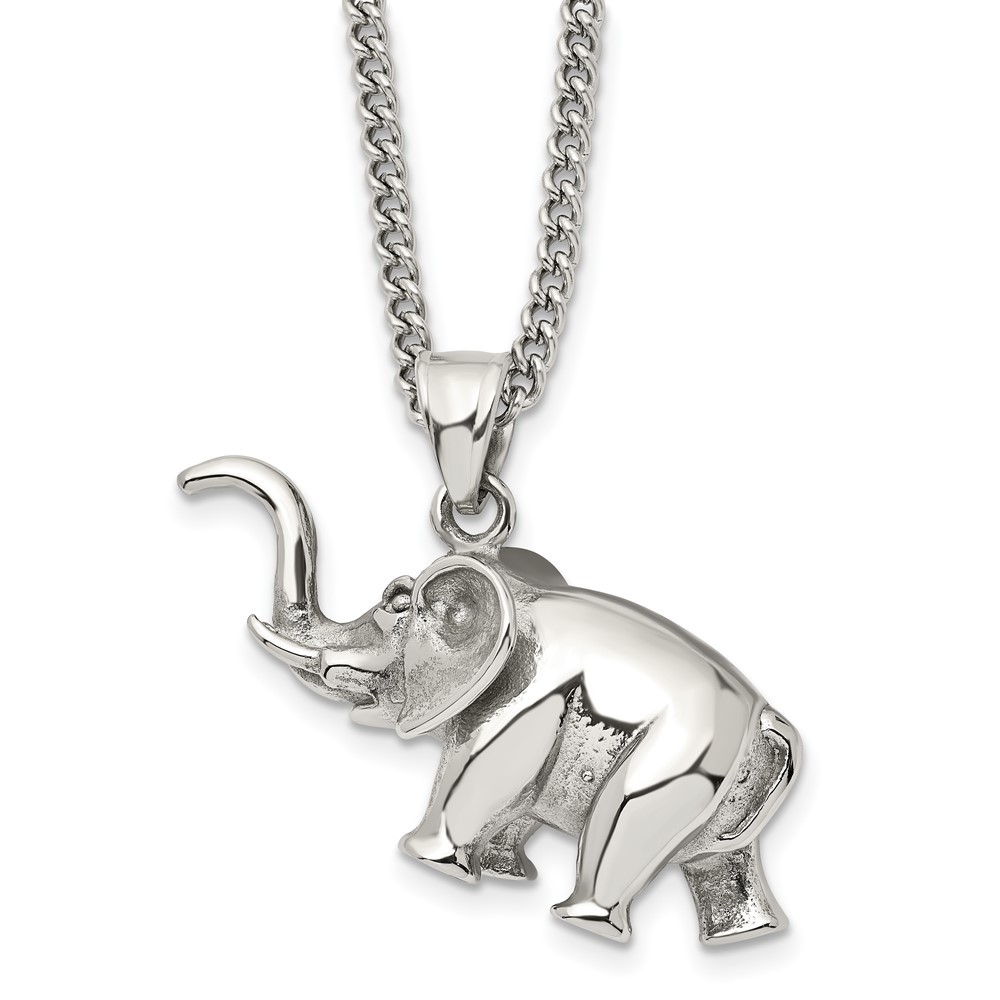 Stainless Steel Polished 3D Elephant Necklace Charm Pendant 24" Curb Chain